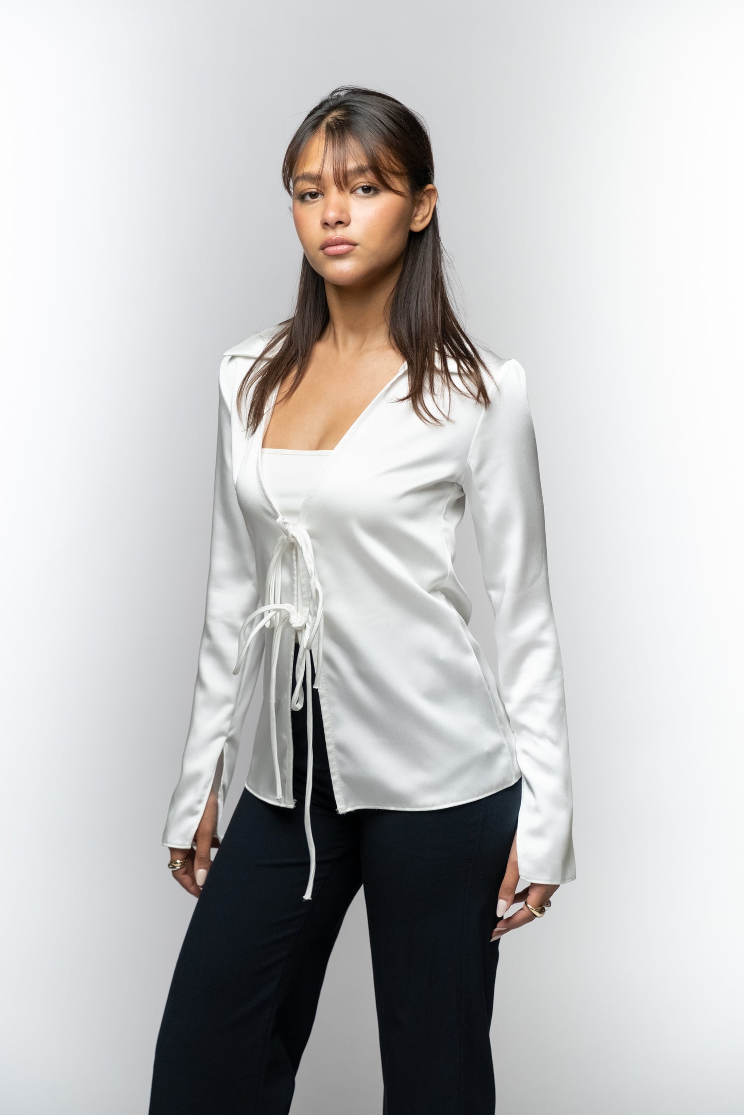 White Silk Tie Front Blouse