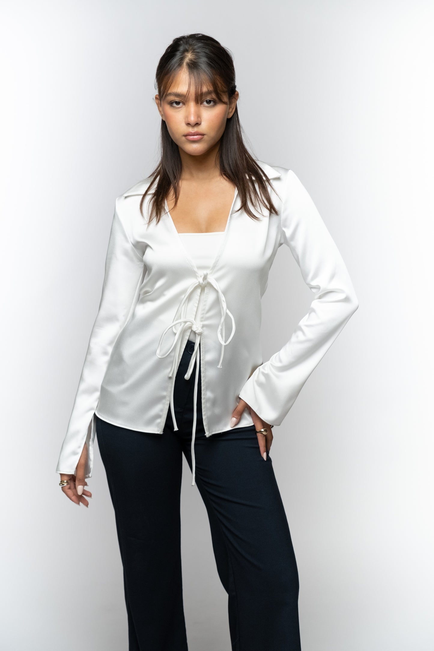 White Silk Tie Front Blouse