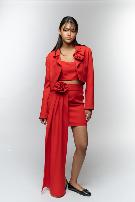 Red Blazer & Skirt Set with Floral Details