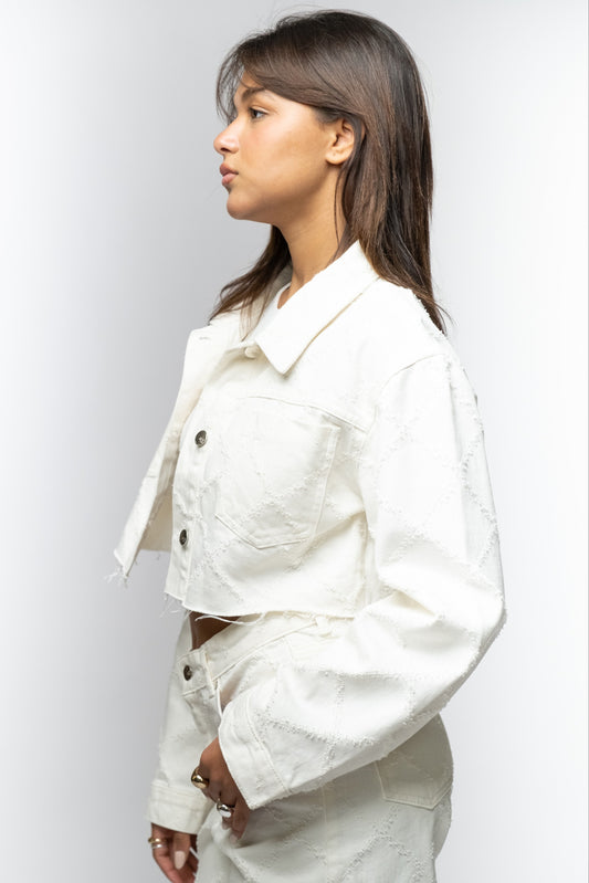 White Textured Cropped Denim Jacket